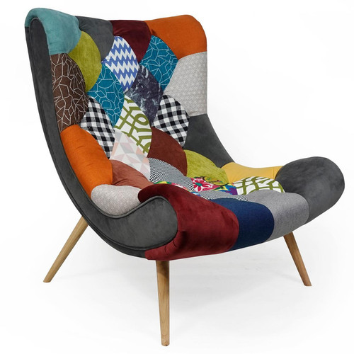 3S. x Home - Fauteuil scandinave Romilly Tissu Patchwork - Fauteuil Design