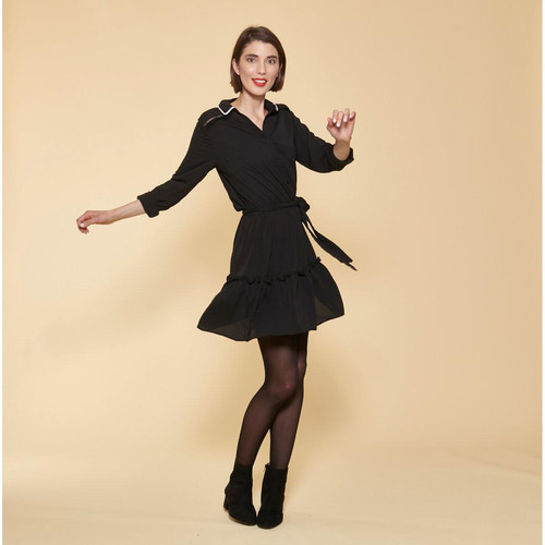 3 SUISSES - Robe courte manches longues taille élastique et ceinture contrastée femme - Noir - Robes Unies Femme