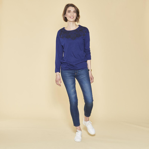 3 SUISSES - Tee-shirt bas et manches longues élastiqués dentelle imprimée femme - Bleu Dur - Mode : Rentrée prix minis