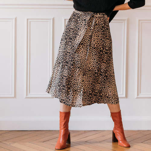 3S. x Le Vestiaire - Jupe mi-longue boutonnée devant léopard Beige - Promo Mode femme