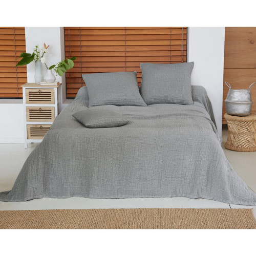 Becquet - Jeté de lit WELLS gris en gaze de coton - Couvre lits jetes de lit 180 x 250 cm