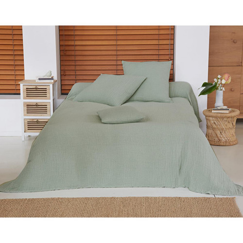 Becquet - Jeté de lit WELLS vert en gaze de coton - Couvre lits jetes de lit 180 x 250 cm